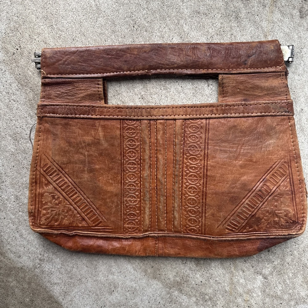 Cognac Leather Embossed Top Handle Clutch Handbag Vtg Made in Morocco For Repair